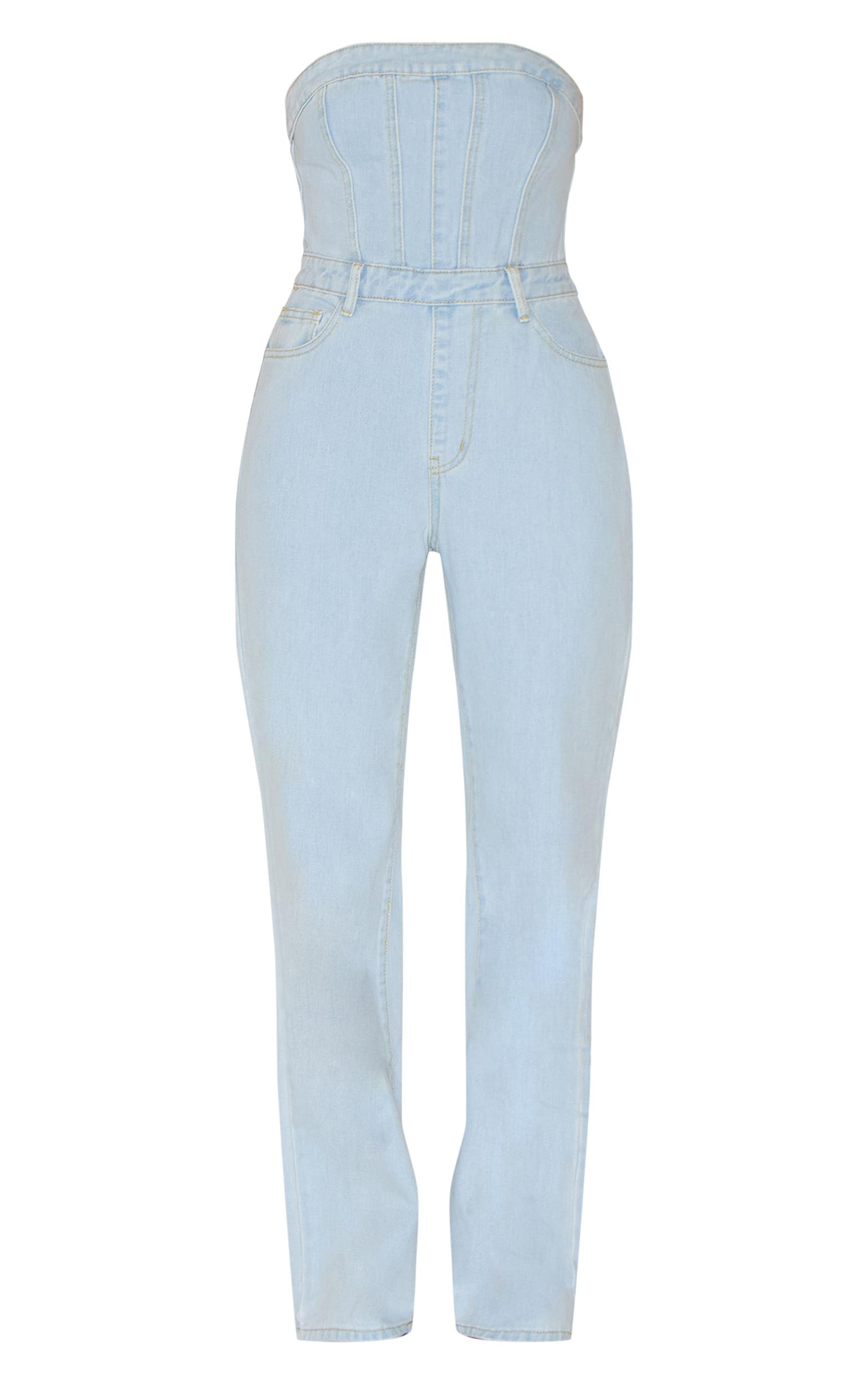 Light Blue Wash Bandeau Denim Jumpsuit Product Image
