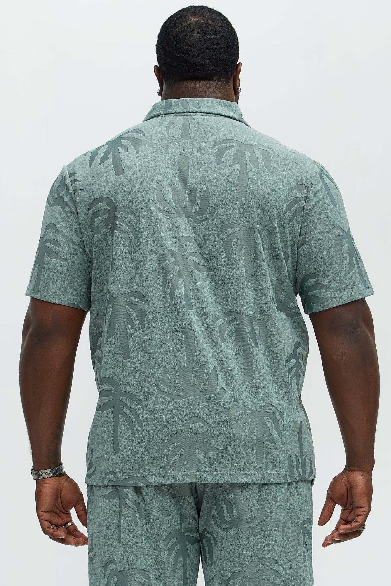 Tropical Trees Jacquard Cuban Button Down Shirts  - Sage Product Image