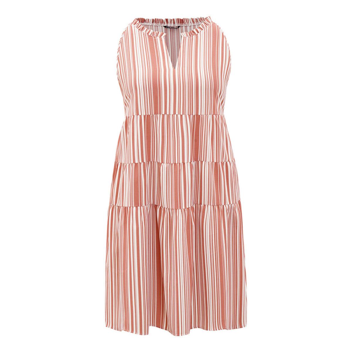 Plus Size Striped Pocket Notched Ruffle Layered Hem Dress Russet Women Vacation V-neck Sleeveless Curvy Knee Dress BloomChic 10/M Product Image
