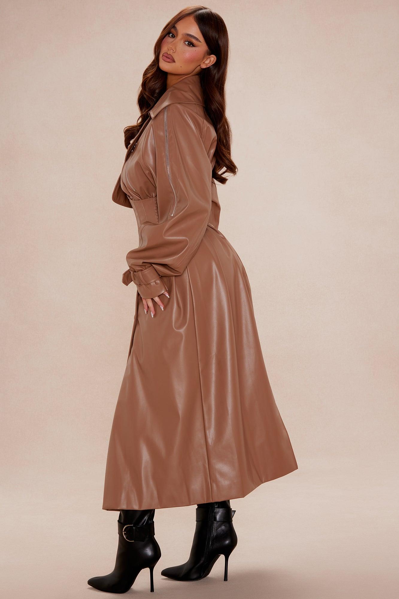 Kendra Faux Leather Trench Coat - Camel Product Image