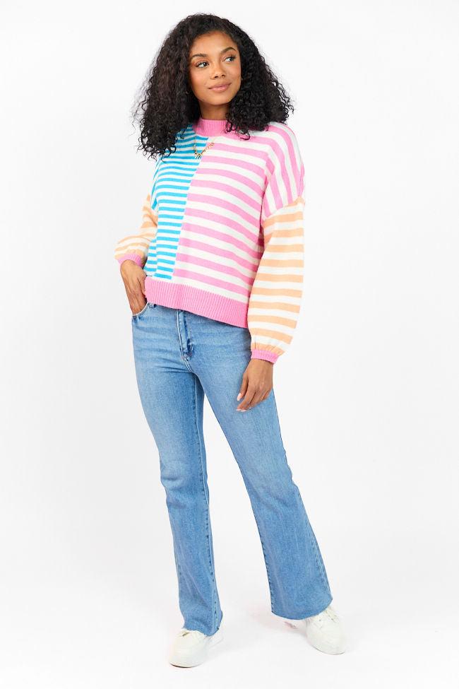 Delightful Days Blue, Pink, and Orange Multi Color Block Striped Sweater FINAL SALE Product Image
