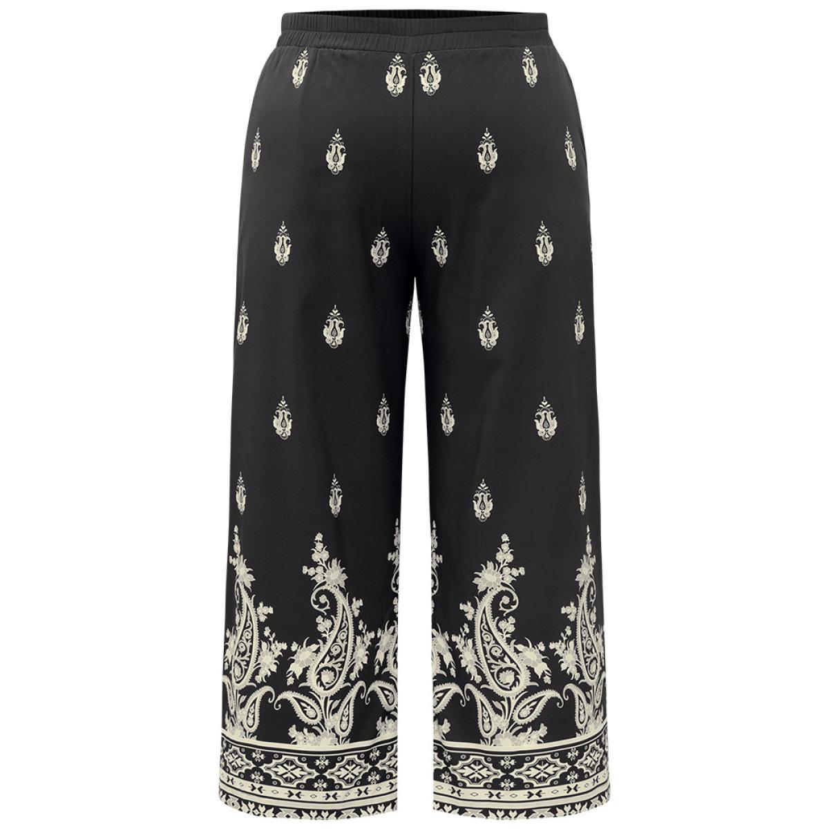 Plus Size Paisley High Rise Elastic Waist Pants Women Black Resort Wide Leg High Rise Vacation Pants BloomChic 30/6X Product Image