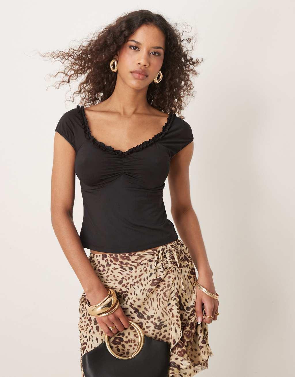 ASOS DESIGN ruffle edge cap sleeve top in black Product Image