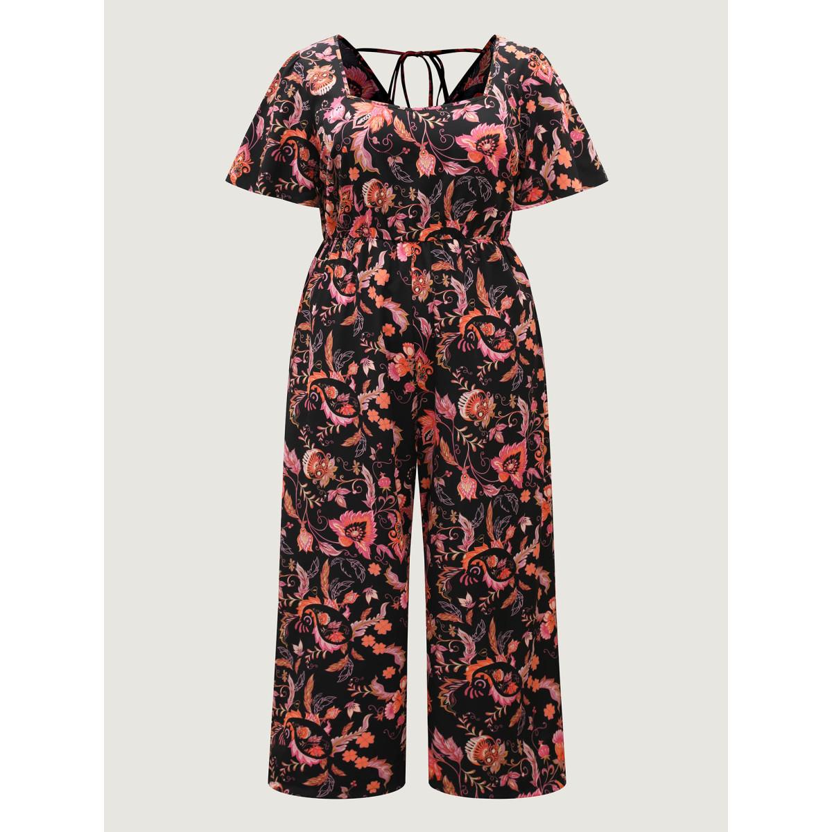 Plus Size Black Floral Print Square Neck Pockets Jumpsuit Women Boho Short sleeve Heart neckline Vacation Loose Jumpsuits BloomChic 18-20/2X Product Image