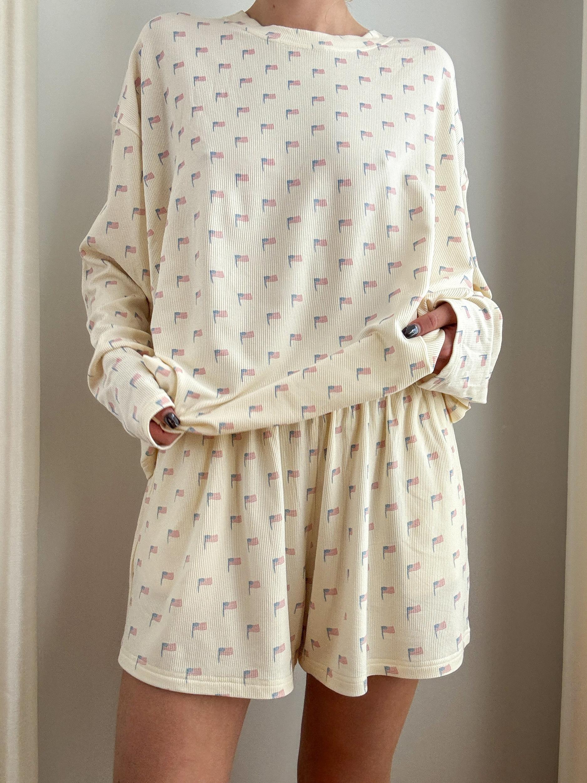 Pale Yellow American Flag Pajama Pattern Top Product Image
