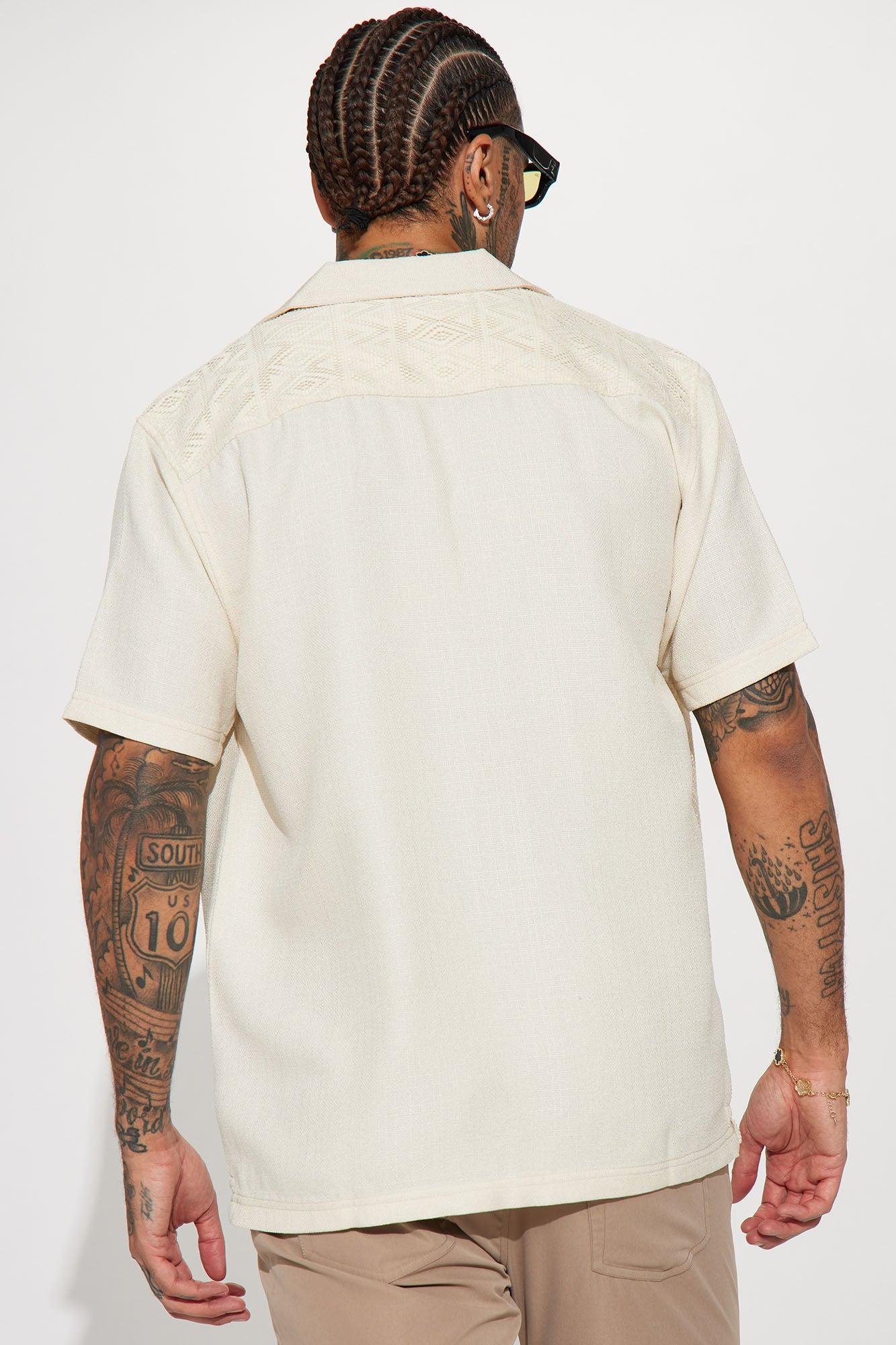 Half Crochet Pattern Short Sleeve Button Up Shirt - Cream Product Image