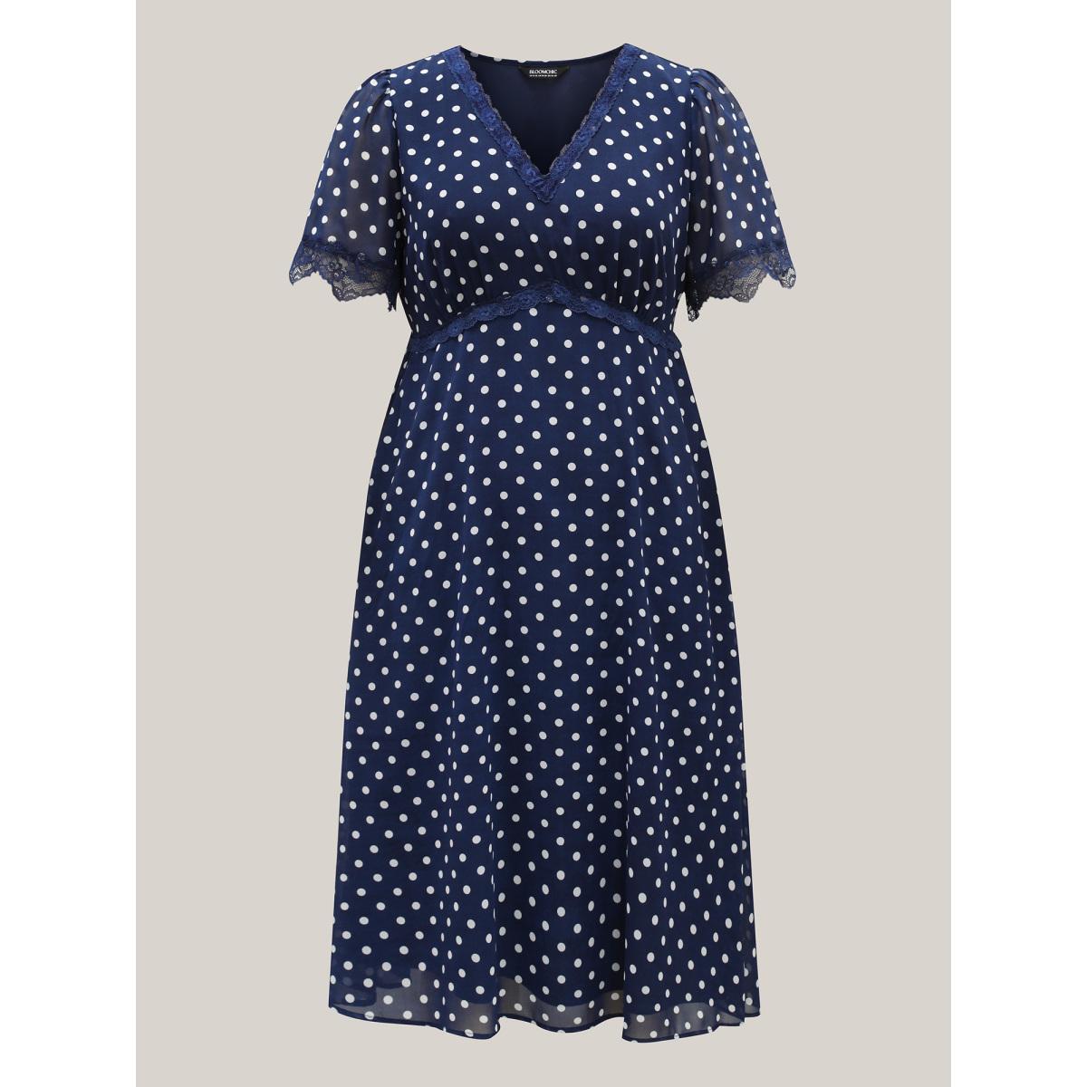 Plus Size Chiffon Polka Dot Print Pockets Midi Dress DarkBlue Women Elegant V-neck Short sleeve Curvy BloomChic 14-16/1X Product Image