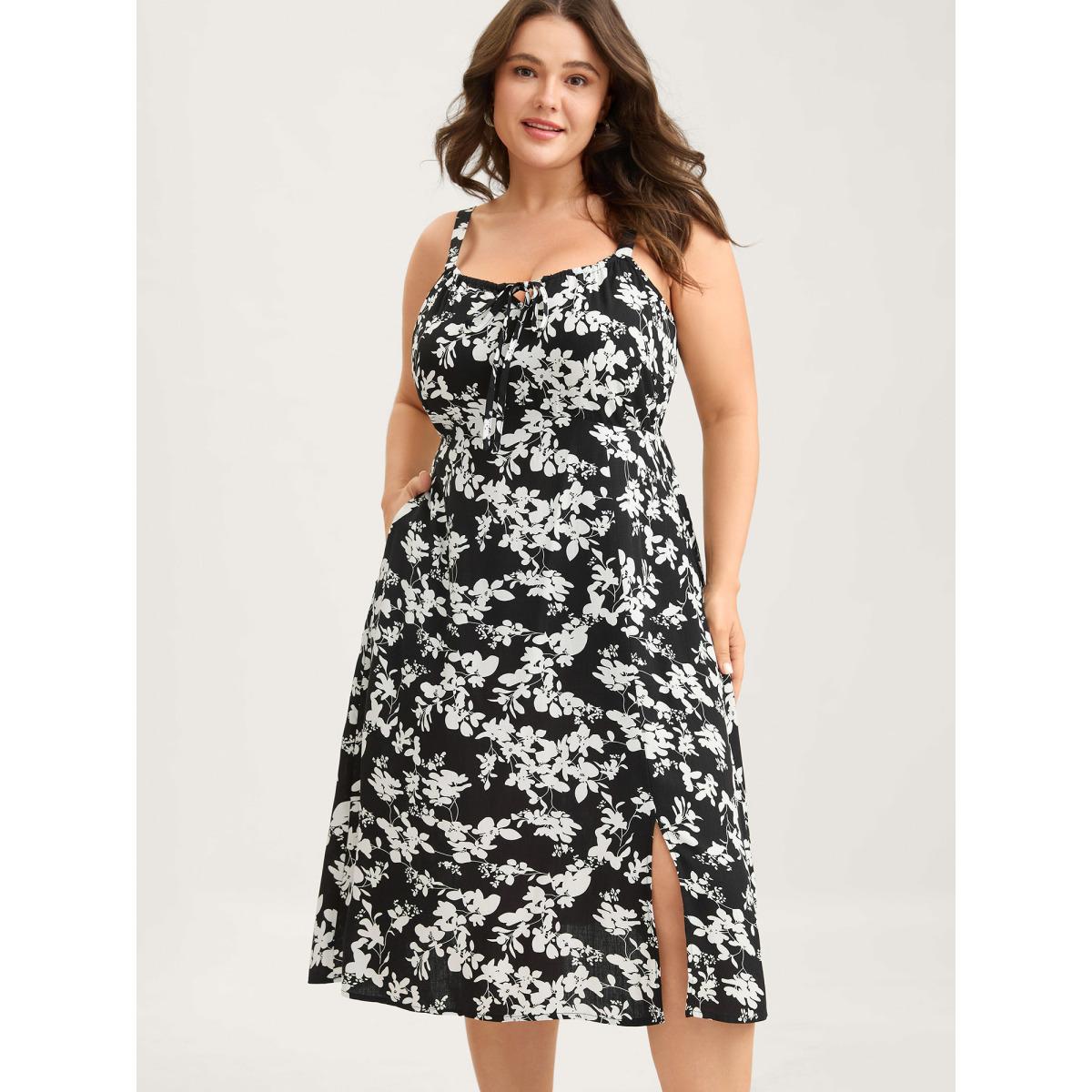 Plus Size Floral Print Neck Tie Midi Dress Black Women V-neck Sleeveless Curvy BloomChic 28/5X Product Image