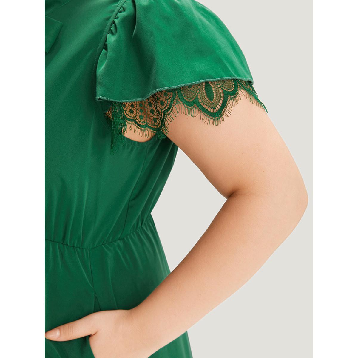 Plus Size Solid Knot Neck Pocket Eyelet Lace Dress Green Women Office Plain Tie Neck Sleeveless Curvy Midi Dress BloomChic 22-24/3X Product Image