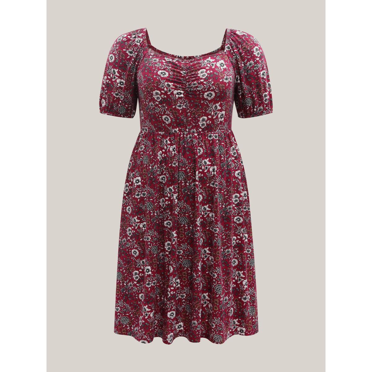 Plus Size Stretchy Ruched Bust Floral Midi Dress Burgundy Women Knit Dresses Bloomchic 10/M Product Image