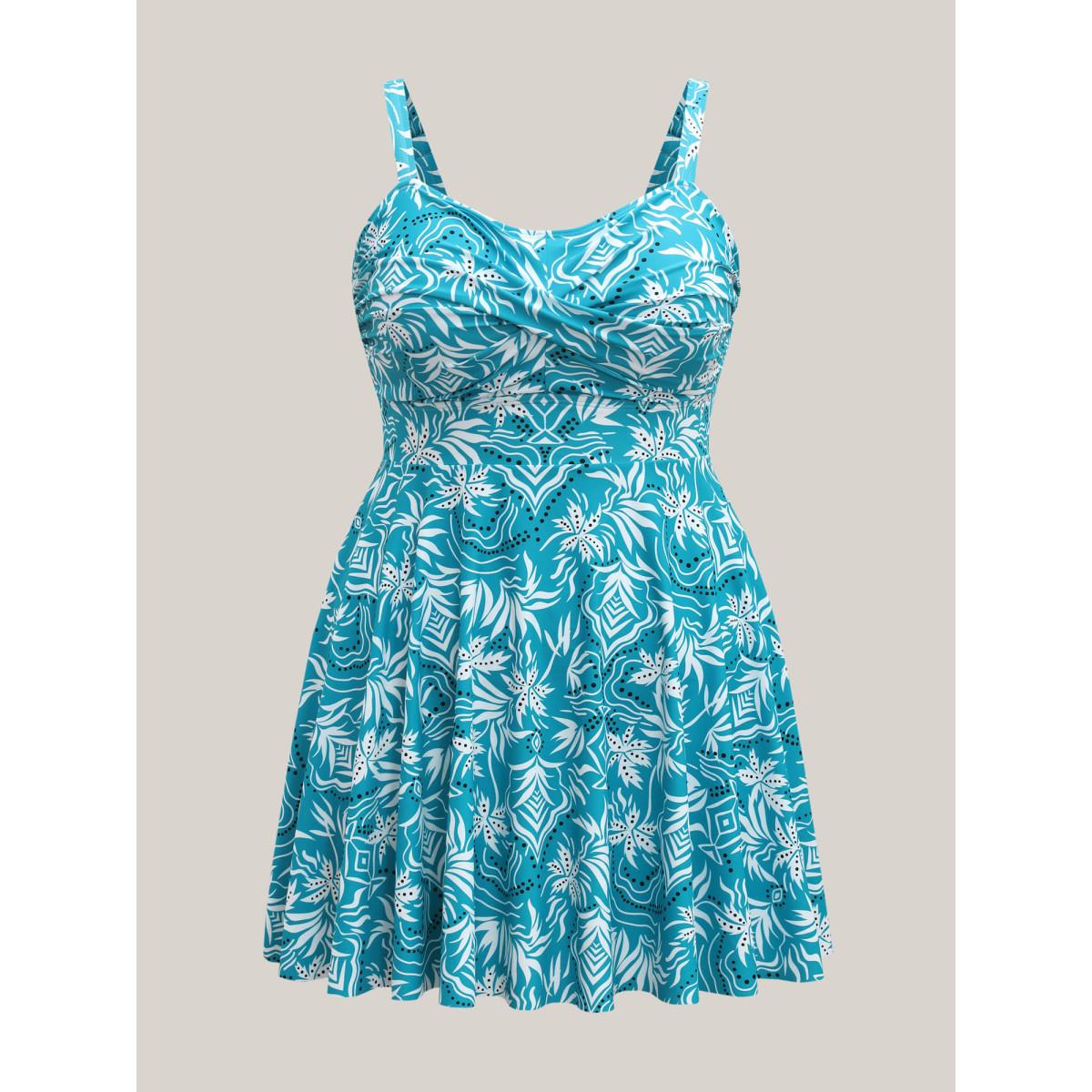 Plus Size Twist Front Floral Print Swim Dress Women's Swimwear Teal Resort Bodycon Heart neckline High stretch Curve Swim Dresses BloomChic 18-20/2X Product Image