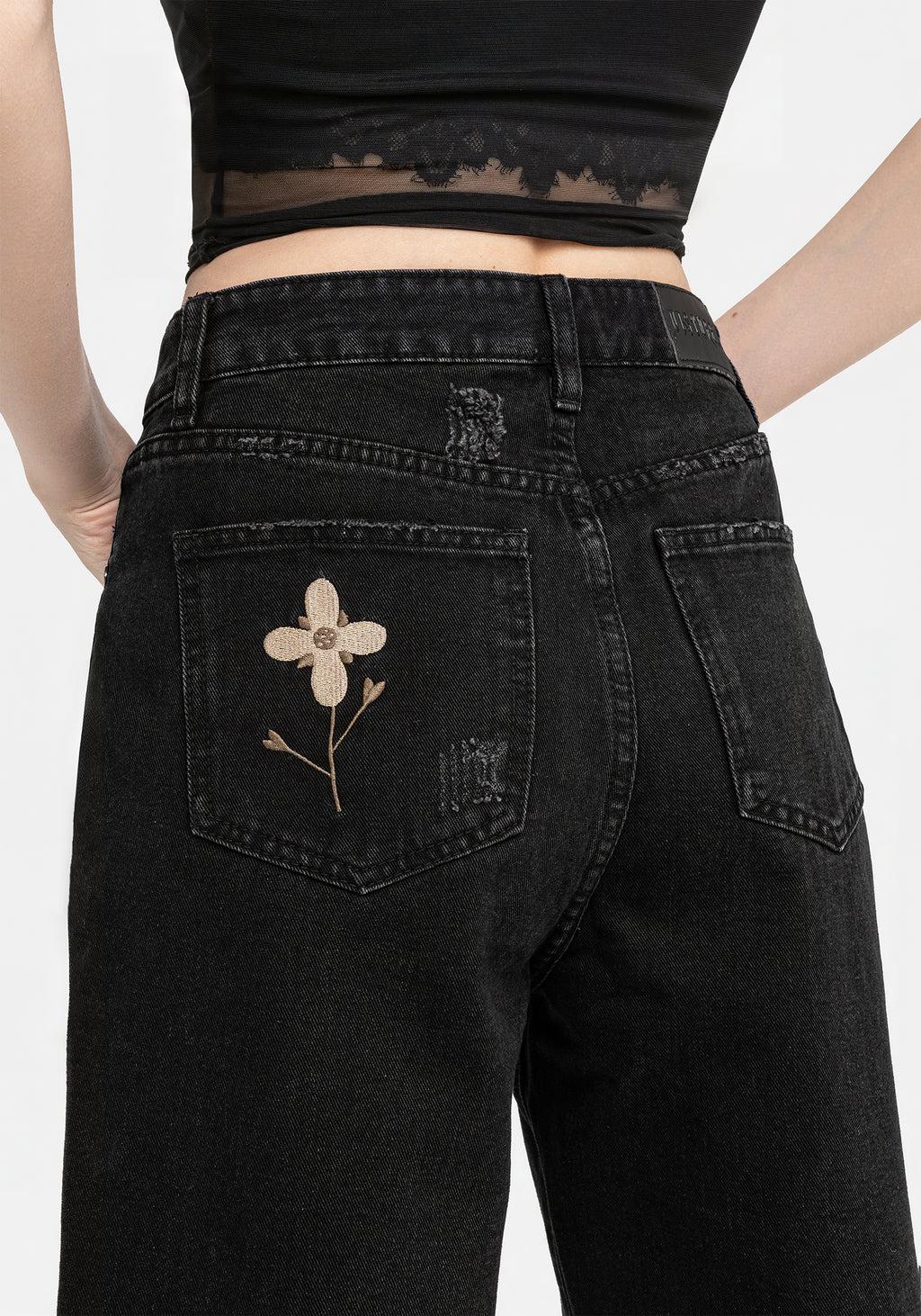 Griffinfly Embroidered Distressed Denim Mom Jeans Product Image