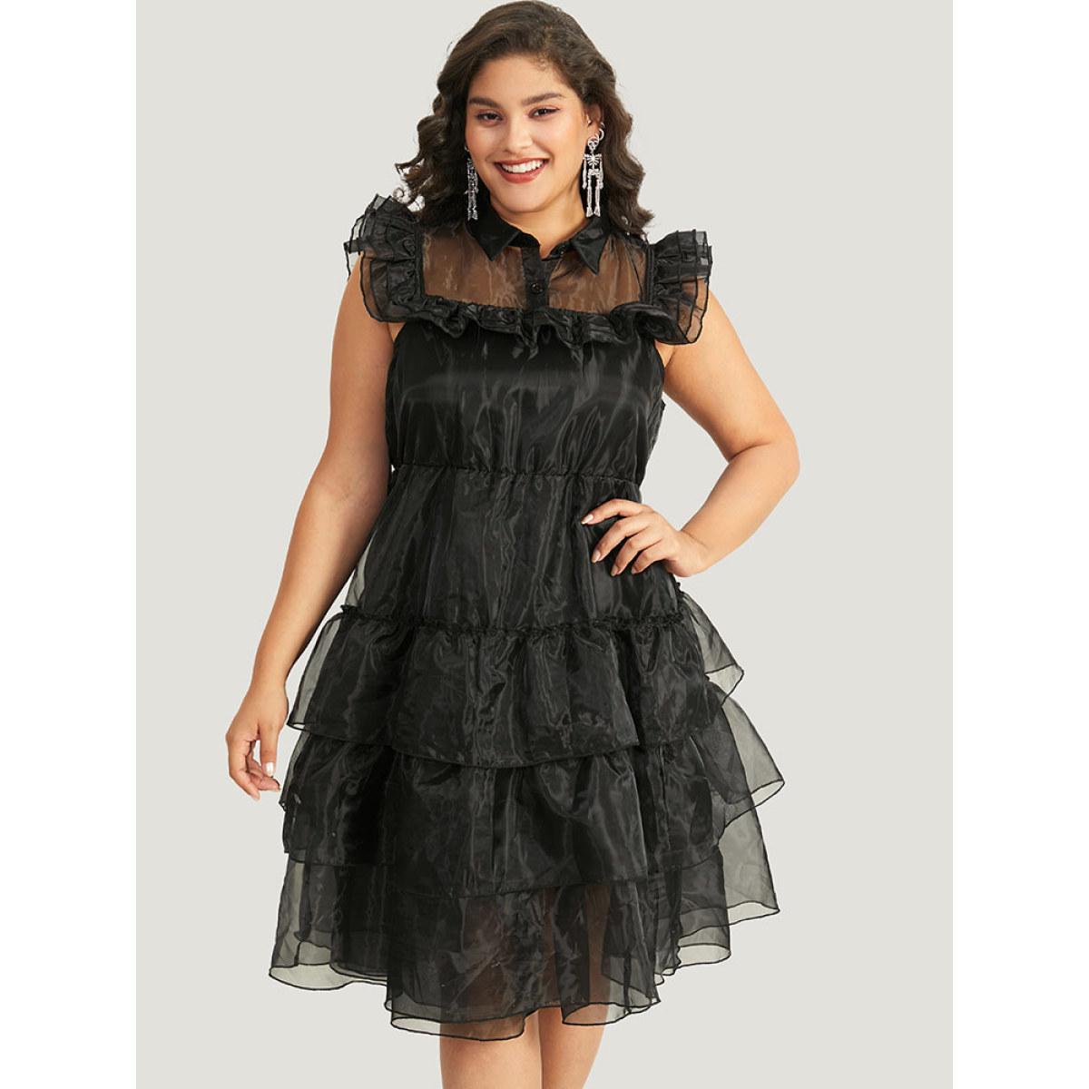 Plus Size Halloween Solid Mesh Layered Ruffle Wednesday Dress Black Women Glamour See through Shirt collar Sleeveless Curvy Midi Dress BloomChic 10/M Product Image