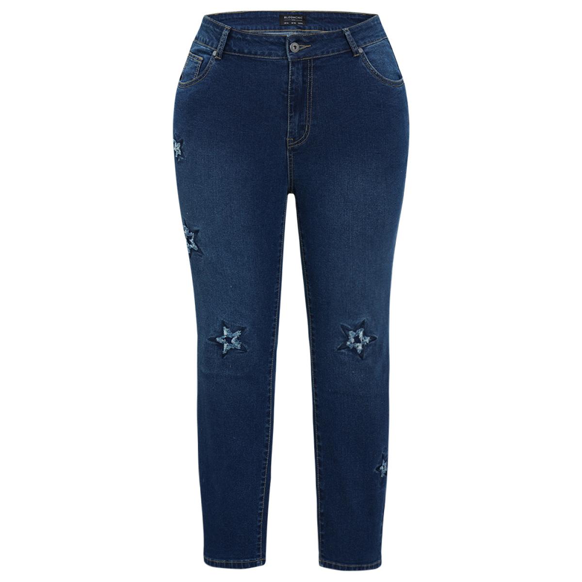 Plus Size Very Stretchy High Rise Medium Wash Star Embroidery Jeans Women Blue Casual Star and moon Embroidered High stretch Jeans BloomChic 12/L Product Image