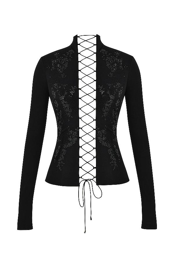 Lori  black crystallised lace up top Product Image