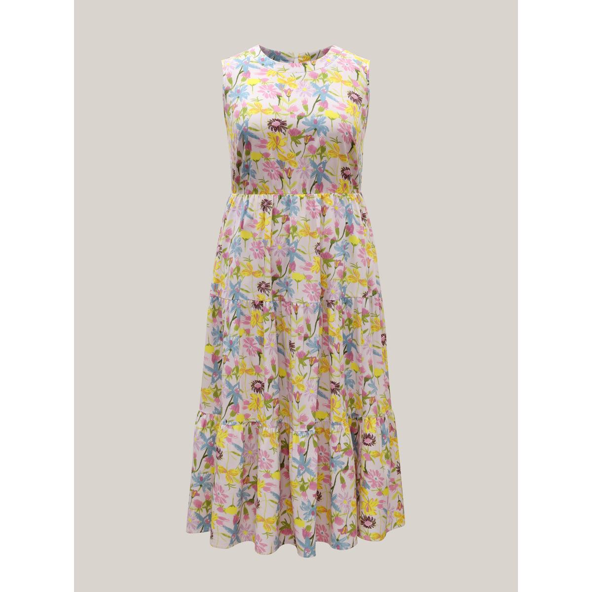 Plus Size Floral Print Round Neck Tiered Maxi Dress Lavender Women Round Neck Sleeveless Curvy BloomChic 26/4X Product Image