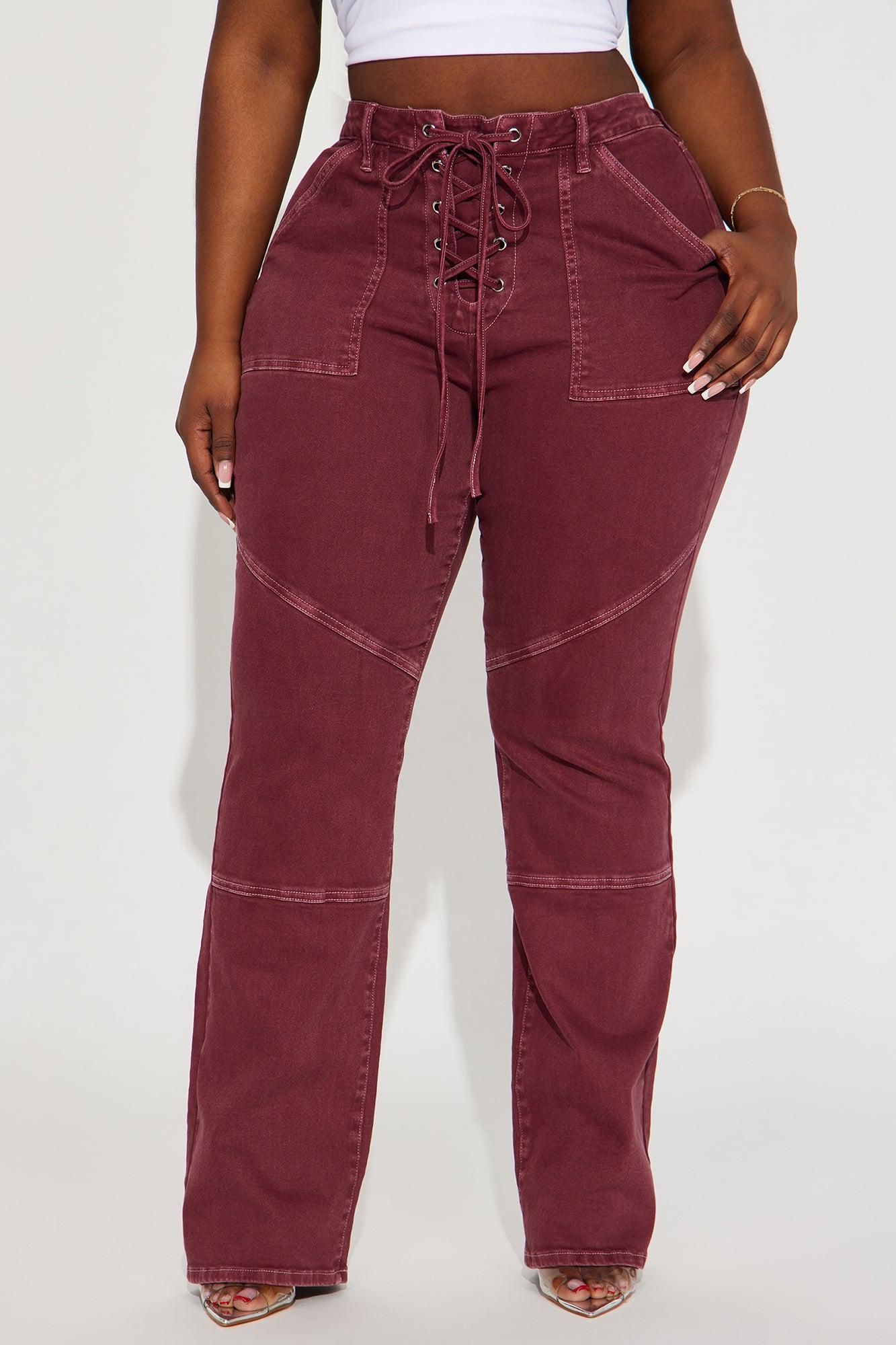 Bordeaux Lace Up Bootcut Jeans - Wine Product Image