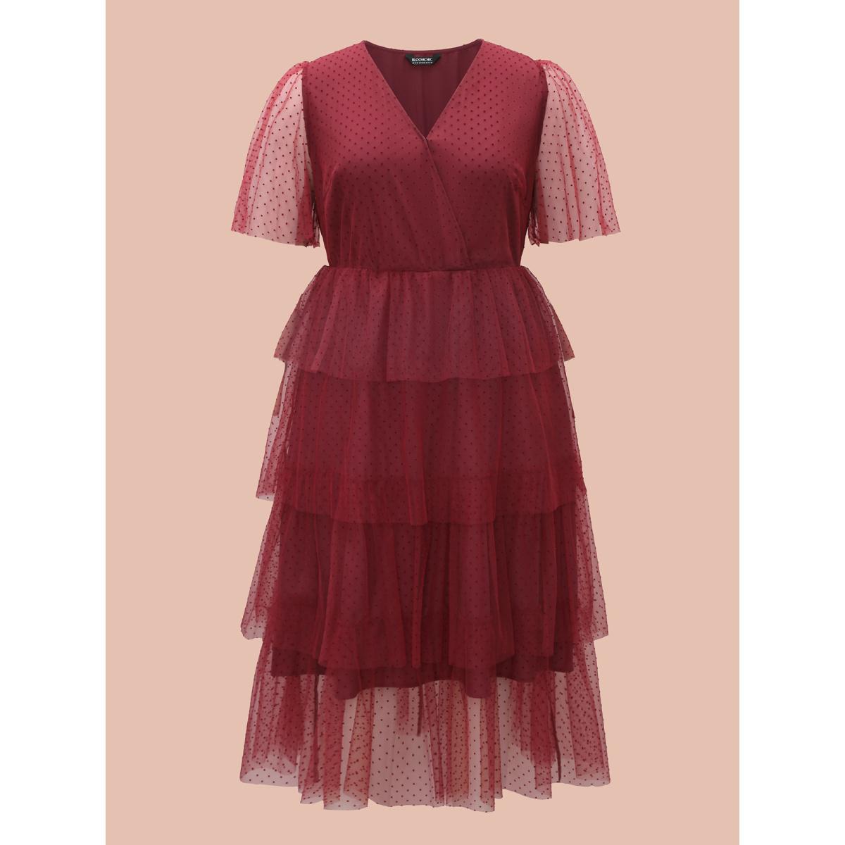 Plus Size Polka Dot Sheer Mesh Tiered Dress Burgundy Women Cocktail Texture Party Curvy Bloomchic 22-24/3X Product Image