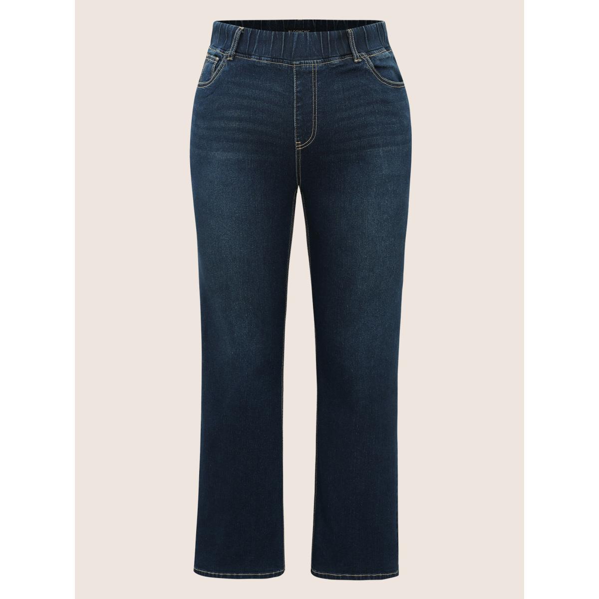 Plus Size Solid Elastic Waist Pocket Full Length Jeans Women Indigo Timeless Plain Plain High stretch Slanted pocket Jeans BloomChic 30/6X Product Image