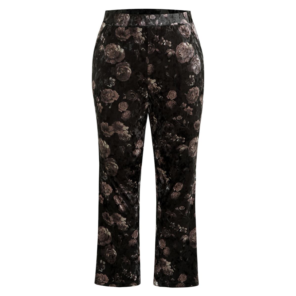 Plus Size Floral Texture Velvet Flare Leg Pants Women BlackFlower Elegant Flare Leg High Rise Dailywear Pants BloomChic 18-20/2X Product Image
