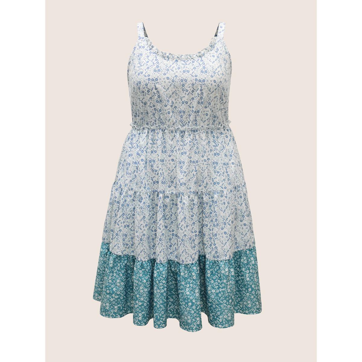 Plus Size Ditsy Floral Patchwork Frill Trim Dress LightBlue Women Casual Boat Neck Sleeveless Curvy BloomChic 22-24/3X Product Image