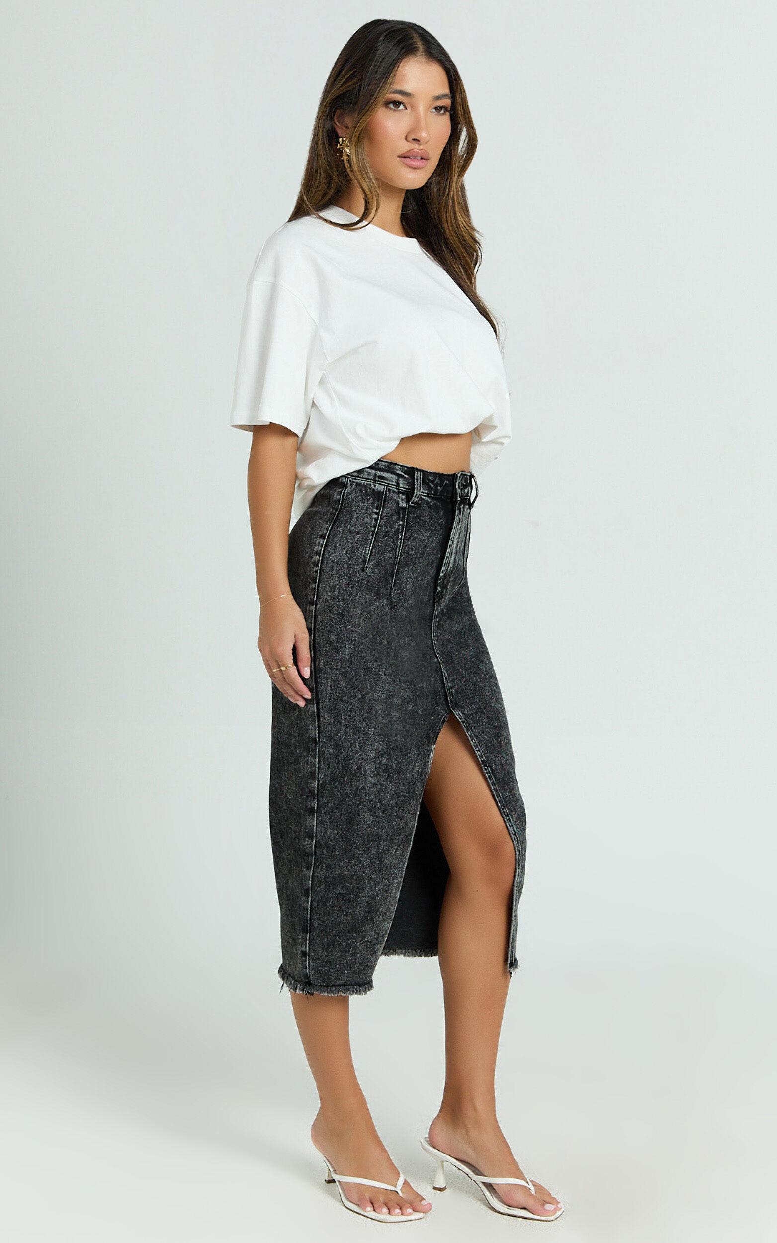 Janeve Midi Skirt - Front Split Denim Skirt in Black Acid Wash Product Image
