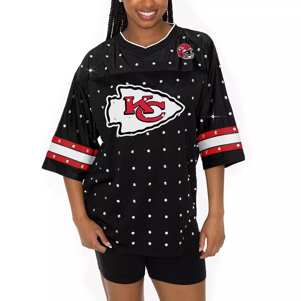 Women's Gameday Couture Black Kansas City Chiefs Kickoff Time Allover Rhinestone Sports Stripe Jersey V-Neck T-Shirt, Size: Medium Product Image