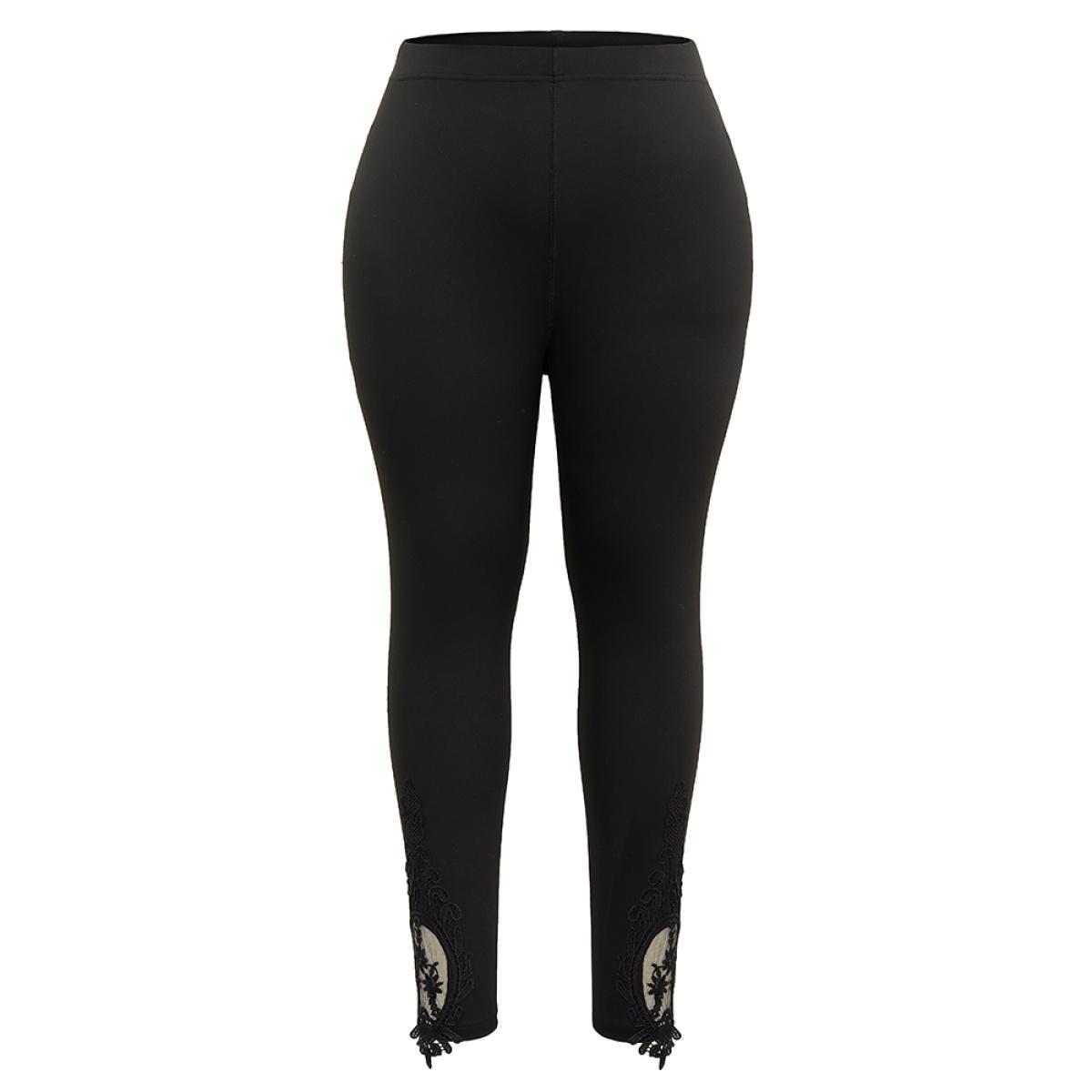 Plus Size High Rise Crochet Lace Mesh Hem Leggings Women Black Casual High stretch Skinny High Rise Dailywear Leggings BloomChic 22-24/3X Product Image