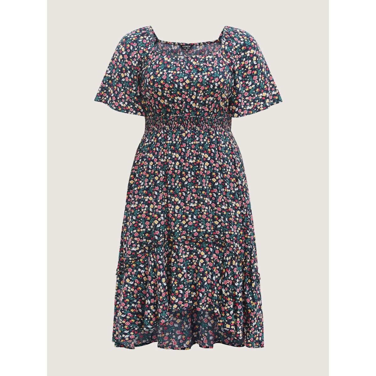 Plus Size Micro Floral Shirred Asymmetrical Midi Dress Navy Women Shirred Square Neck Short sleeve Curvy BloomChic 22-24/3X Product Image