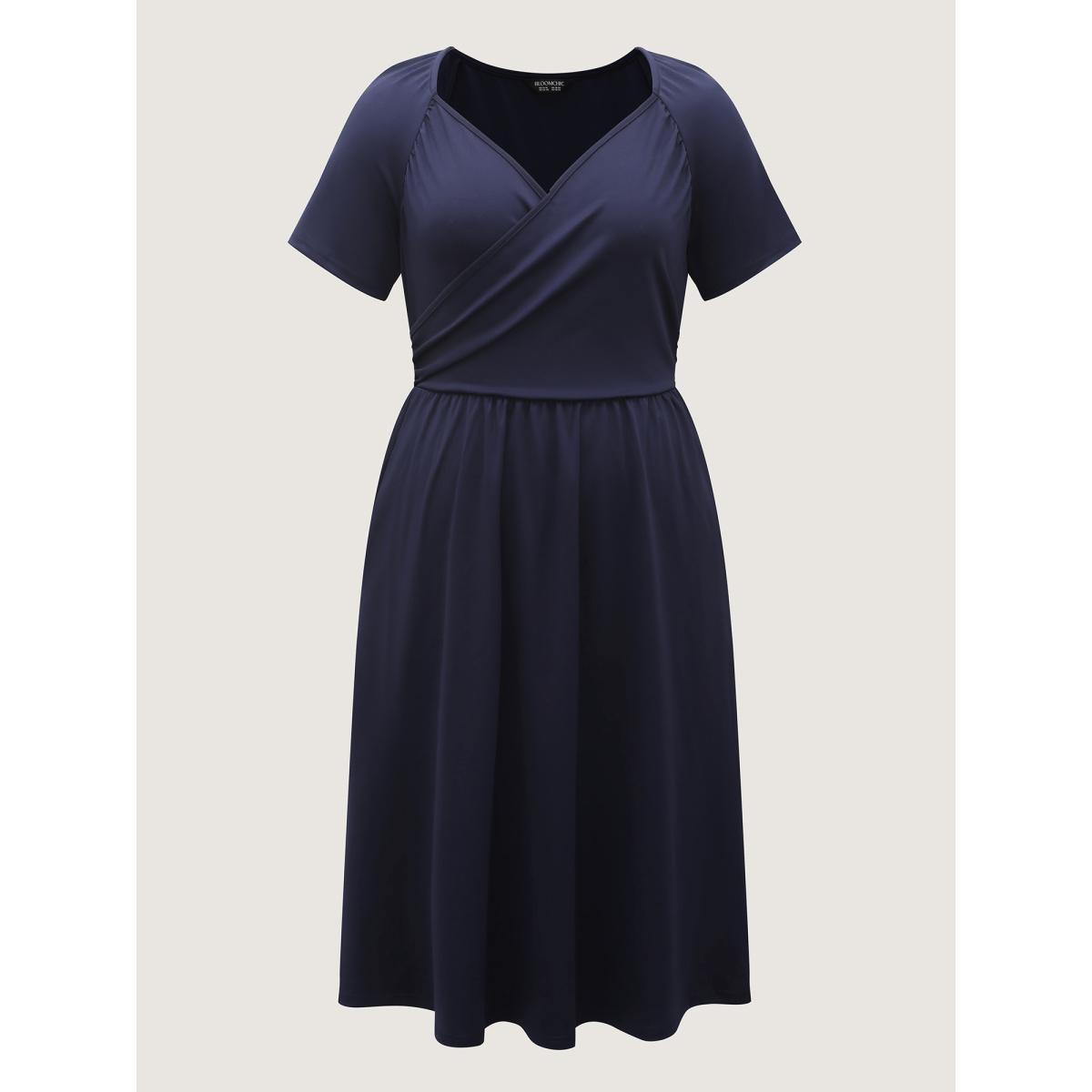 Plus Size Stretchy Waist Overlap Pockets Midi Dress Indigo Women Office V-neck Short sleeve Curvy BloomChic 14-16/1X Product Image