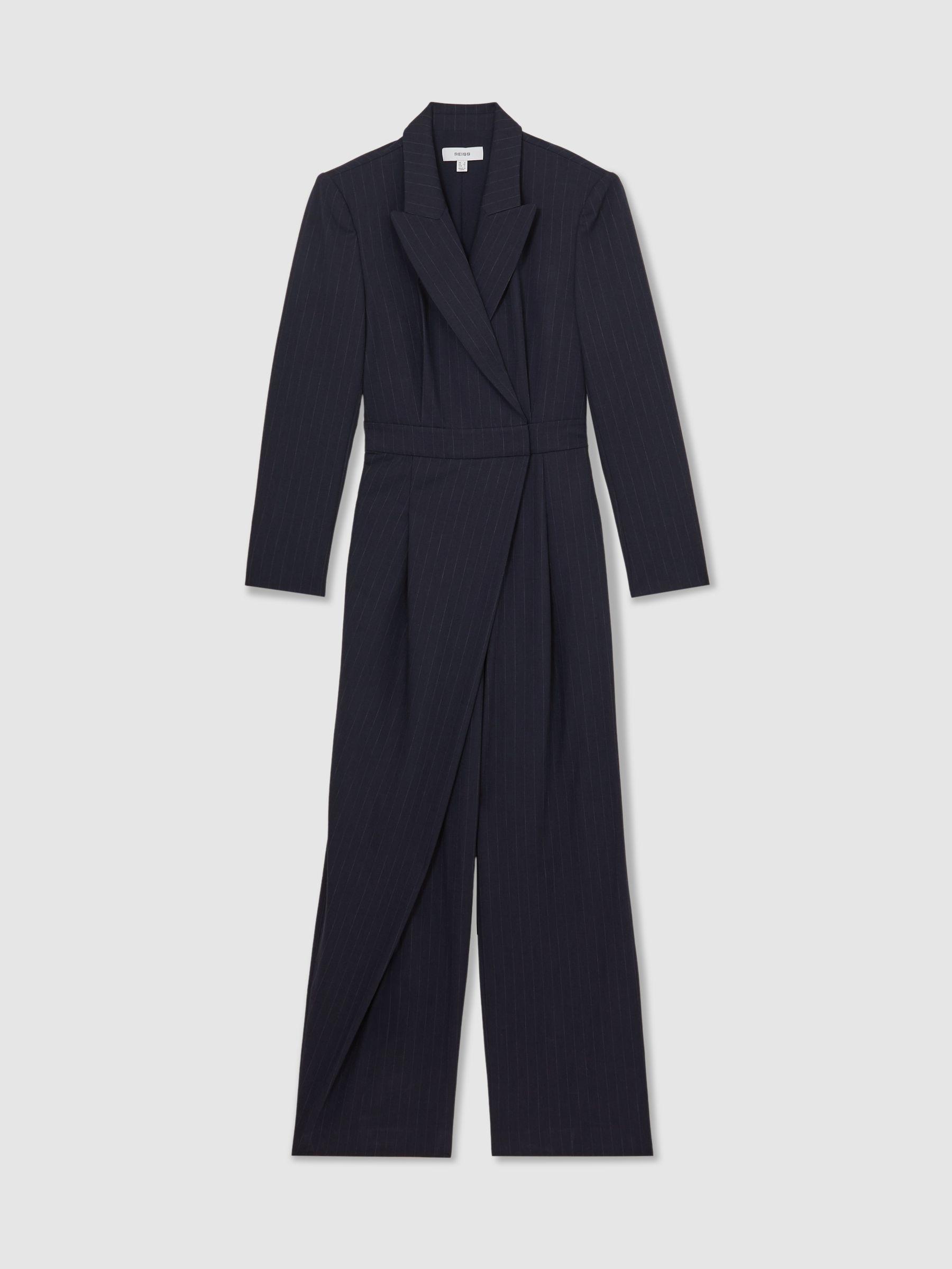 Pinstripe Tailored Wide-Leg Jumpsuit with Wool in Navy Product Image