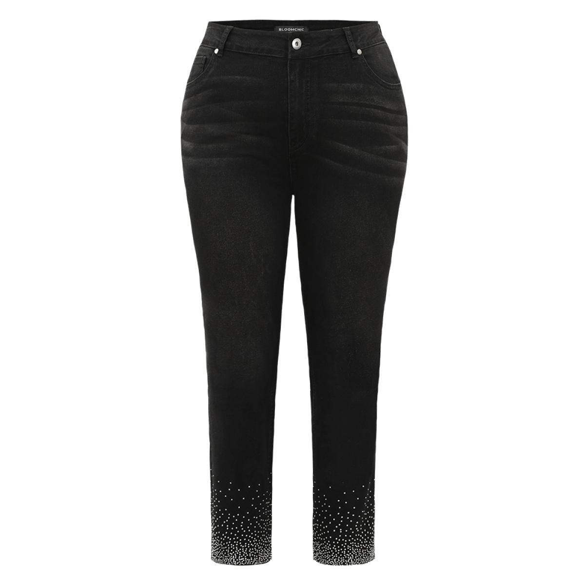 Plus Size Rhinestone Detail Black Wash Jeans Women DimGray Casual Plain Rhinestone detailing High stretch Pocket Jeans BloomChic 12/L Product Image