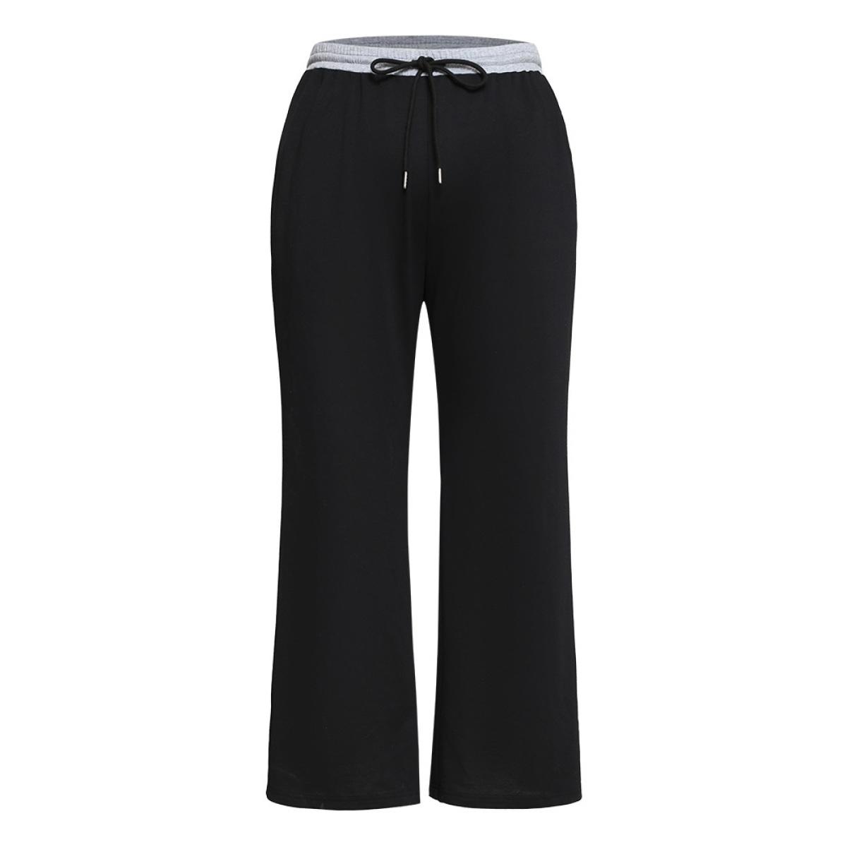 Plus Size Contrast Patchwork Drawstring Straight Leg Pants Women Black Casual High Rise Dailywear Pants BloomChic 10/M Product Image