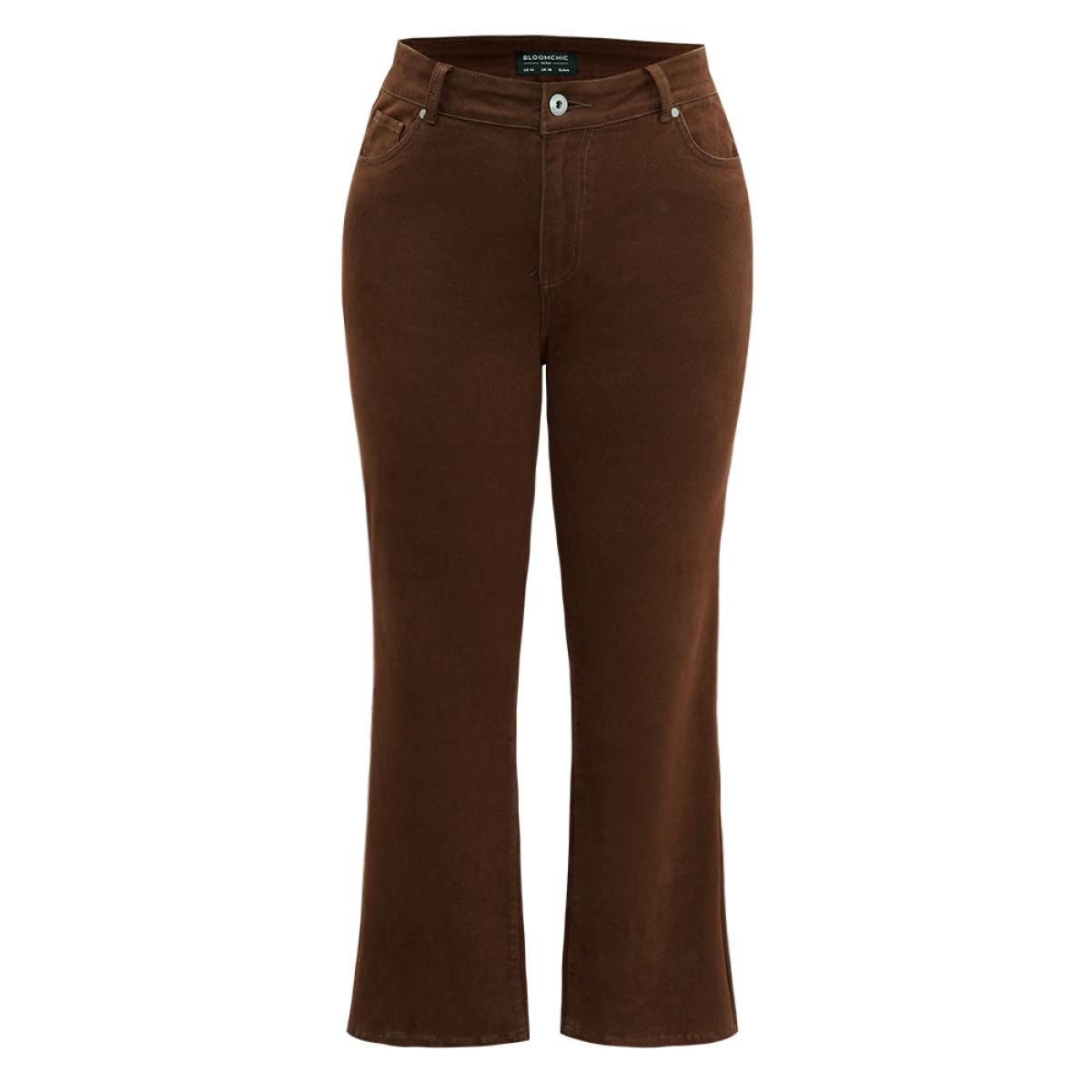 Plus Size Cotton Bootcut Color Wash High Rise Jeans Women DarkBrown Casual Plain Plain High stretch Pocket Jeans BloomChic 14/1X Product Image