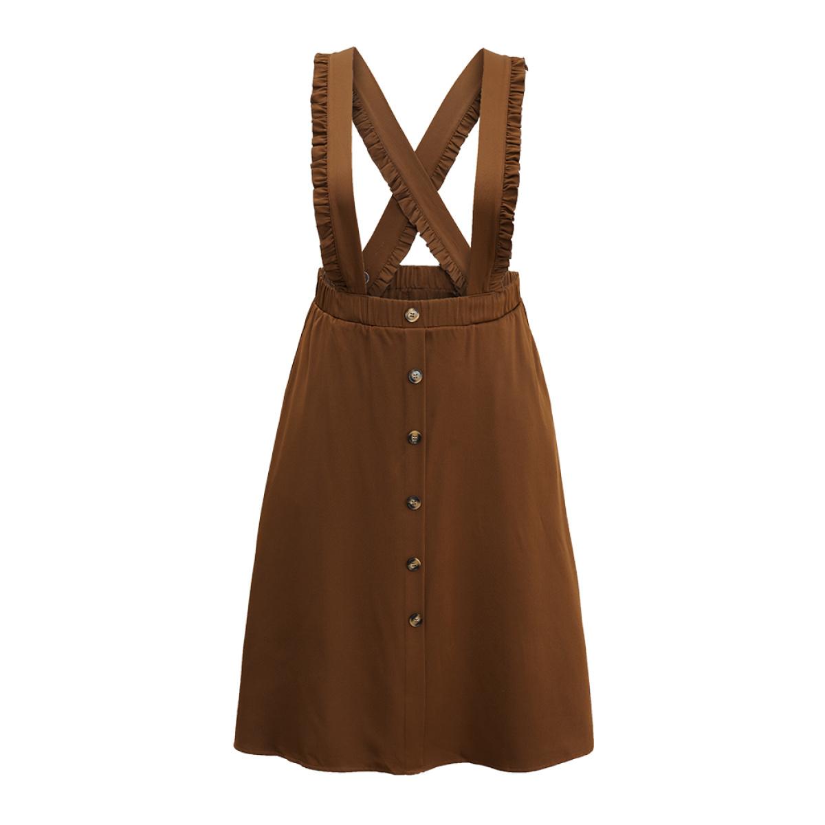 Plus Size Elastic Waist Button Detail Frill Trim Overall Skirt Women Rust At the Office Plain No stretch Pocket Office Skirts BloomChic 12/L Product Image