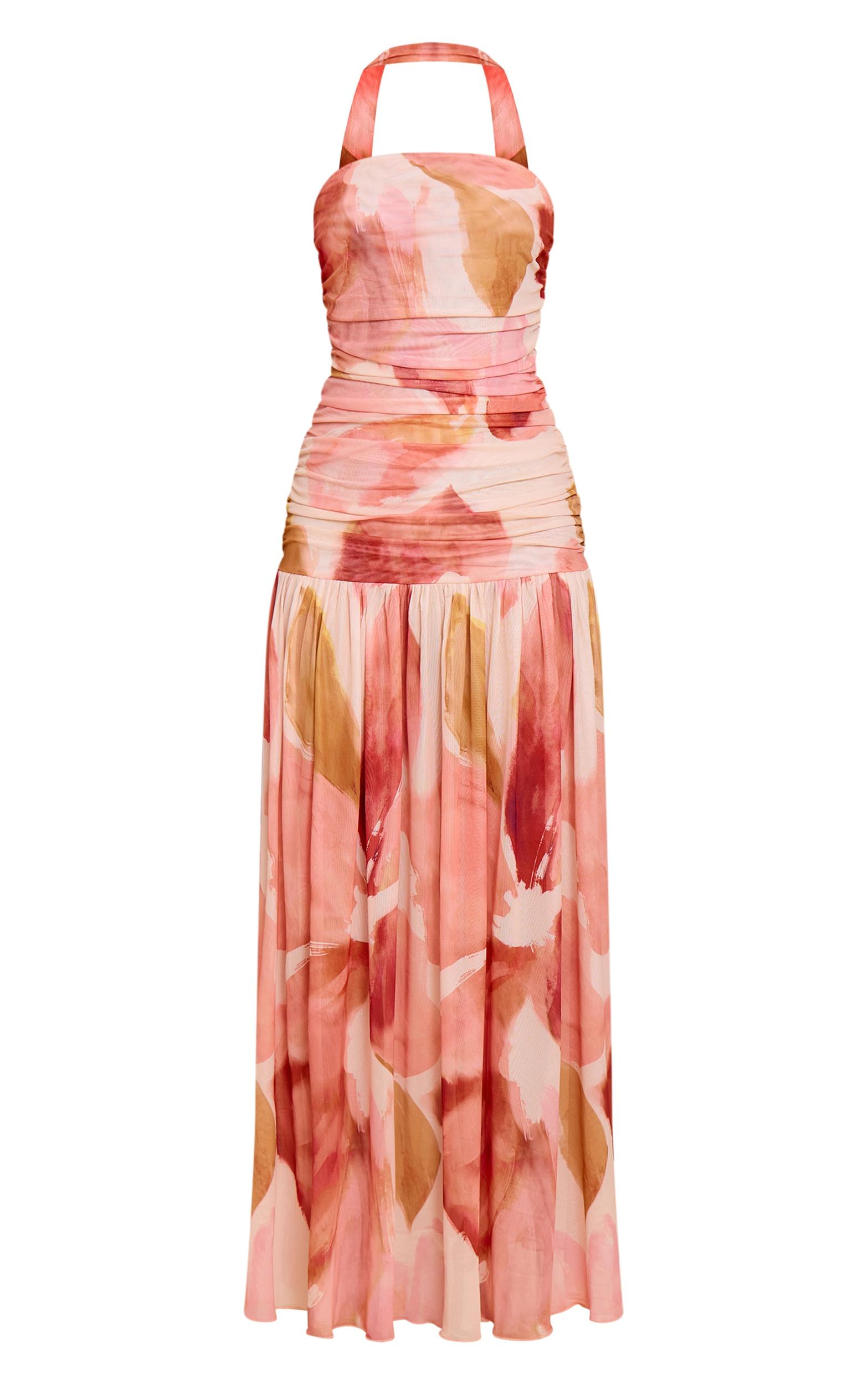 Stone Floral Print Ruched Scarf Dropped Waist Maxi Dress Product Image