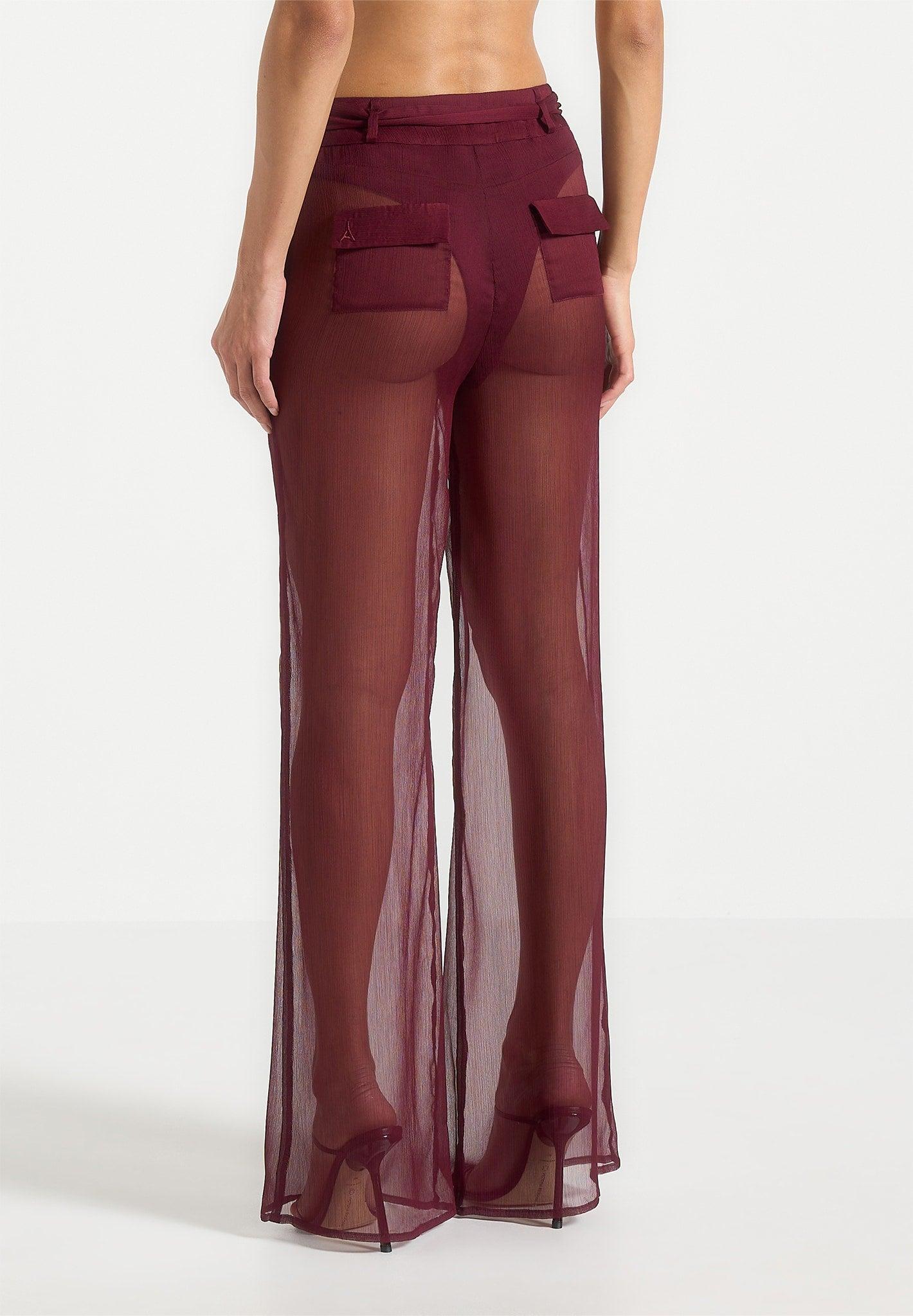 Sheer Belted Trousers - Wine Red Female Product Image