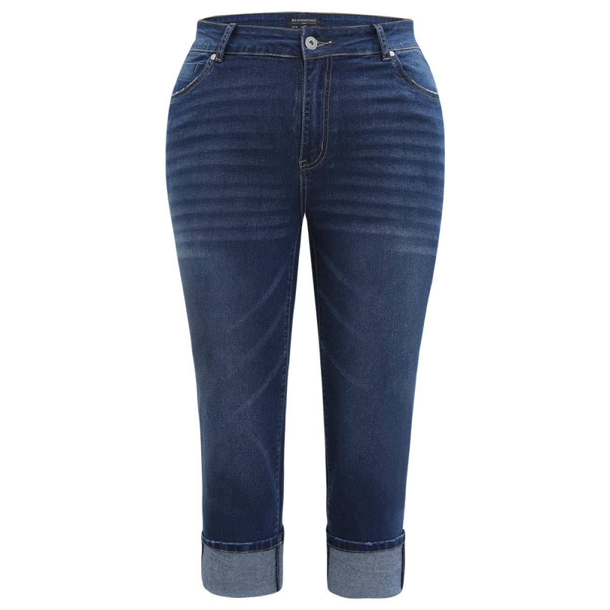 Plus Size Roll Hem High Rise Pocket Very Stretchy Jeans Women DarkBlue Casual Plain Plain High stretch Pocket Jeans BloomChic 30/6X Product Image