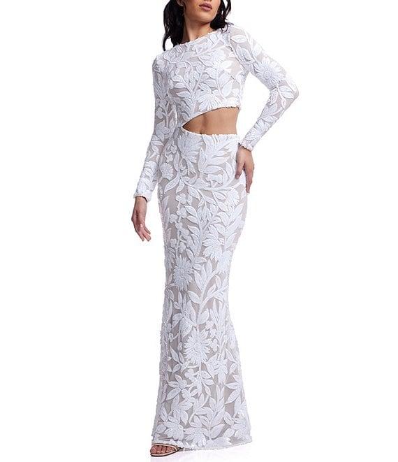 Dress the Population Candace Floral Sequin Mesh Round Neck Long Sleeve Cutout Gown Product Image