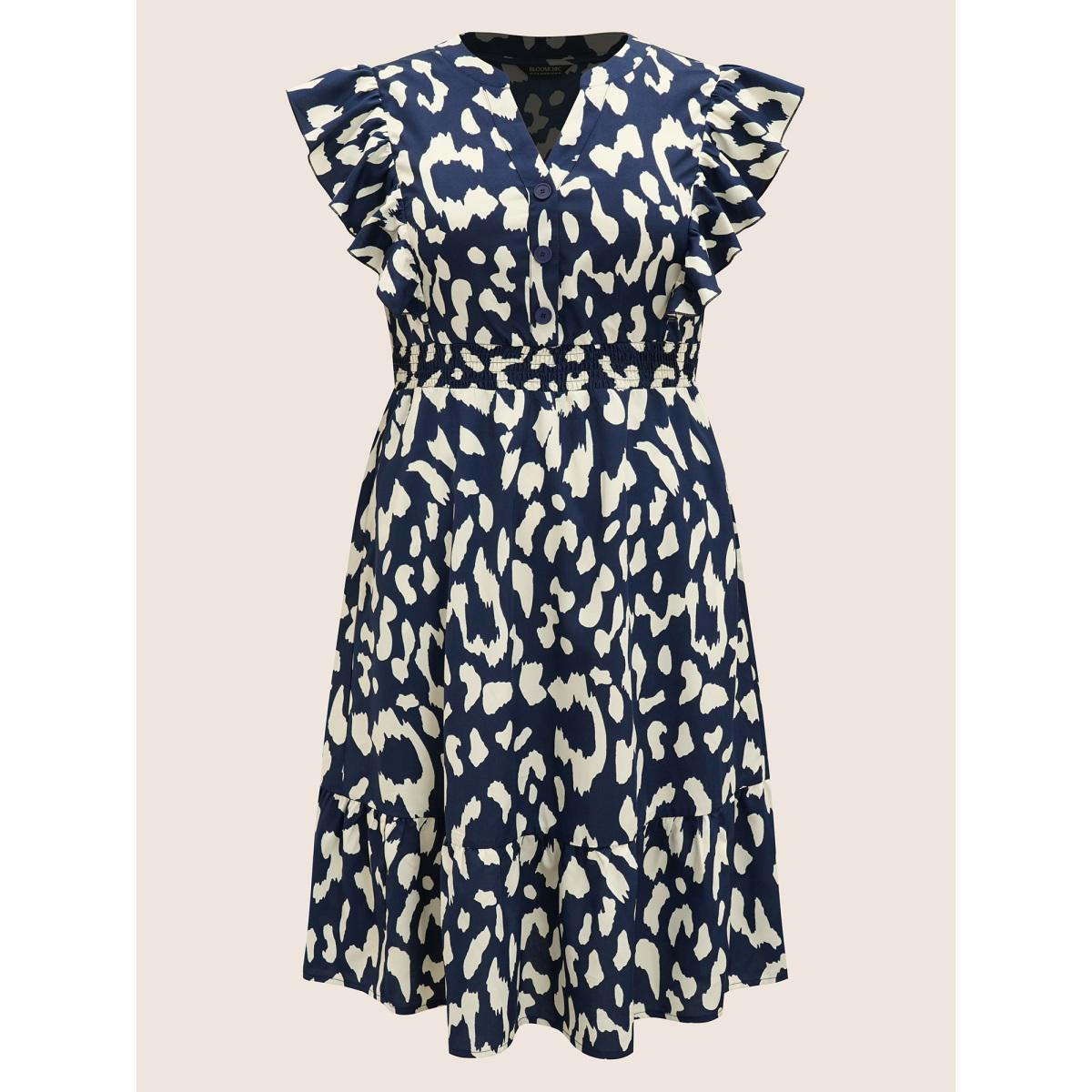 Plus Size Notched Leopard Print Cap Sleeve Ruffles Dress Navy Women At the Office Notched collar Cap Sleeve Curvy BloomChic 28/5X Product Image