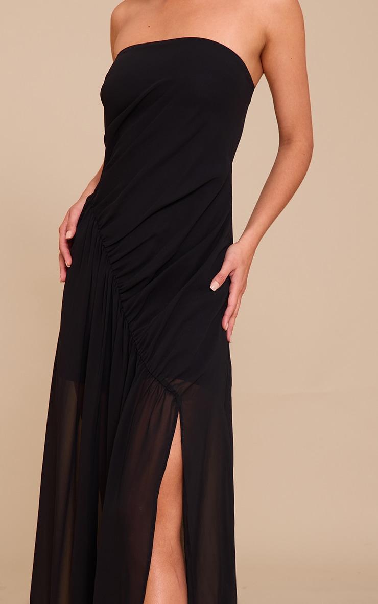 Black Double Layer Mesh Bandeau Asymmetric Ruching Maxi Dress Product Image