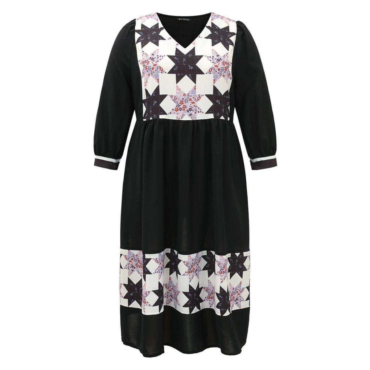 Plus Size Geometric Colorblock Pocket Gathered Dress Black Women Vacation Printed V-neck Elbow-length sleeve Curvy Midi Dress BloomChic 26/4X Product Image