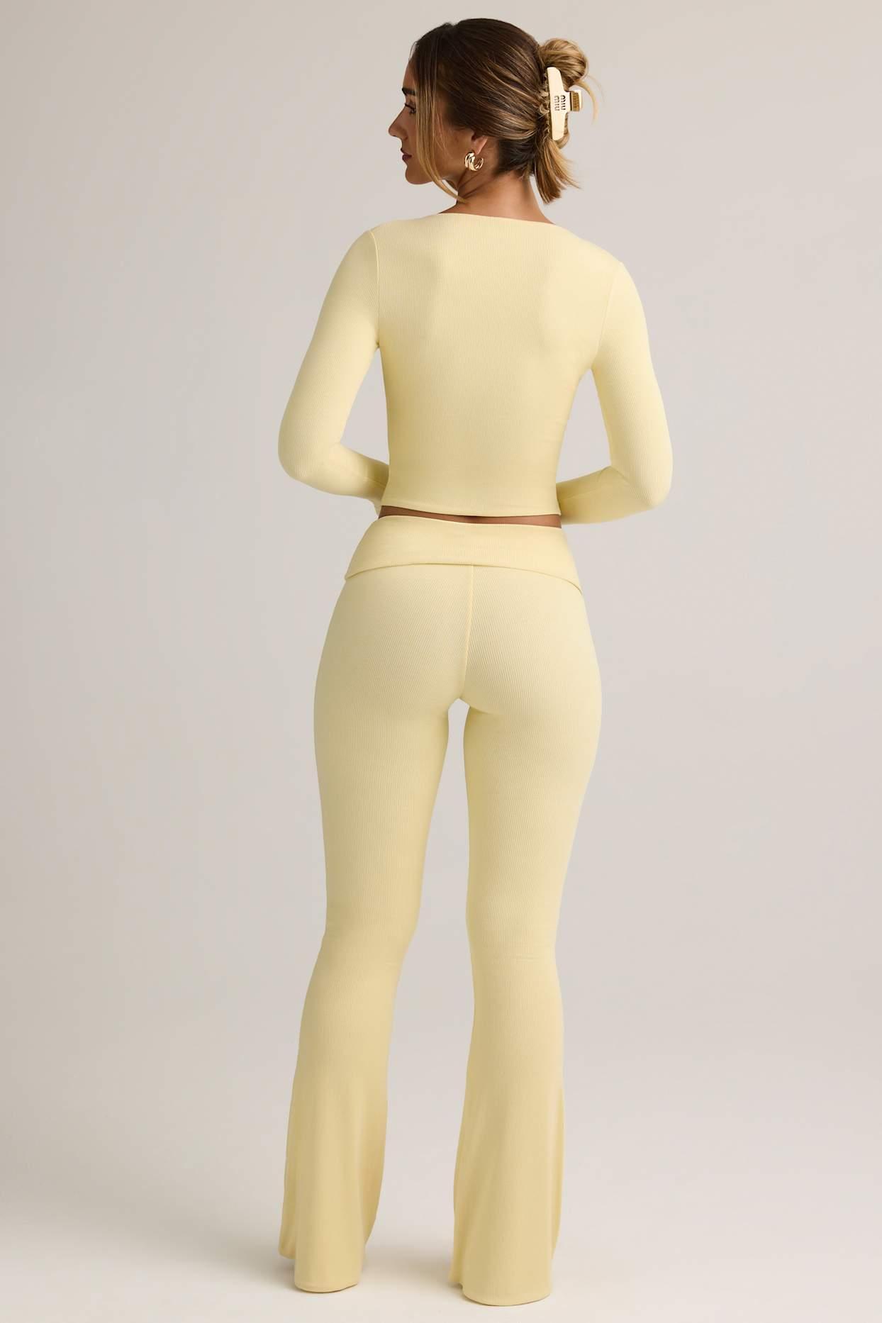 Modal Ribbed Foldover Flared Trousers in Buttercream Yellow Product Image