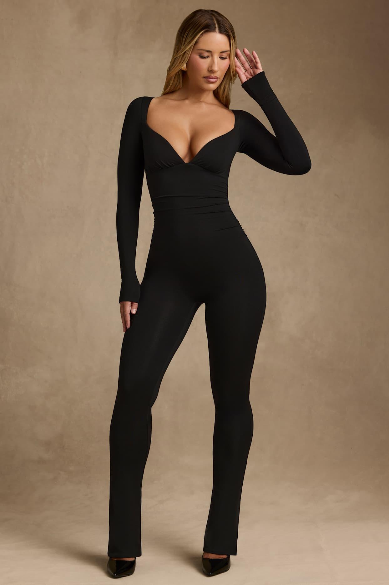 Modal Ruched Long-Sleeve Jumpsuit in Black Product Image