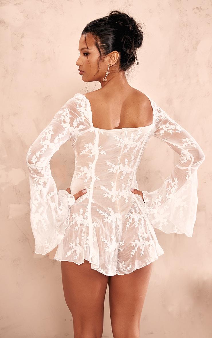 White Lace Flared Sleeve Binding Detail Romper Product Image