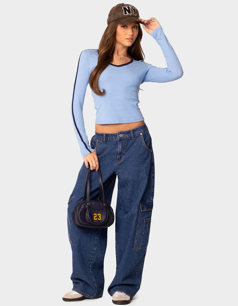 EDIKTED Contrast V-Neck Long Sleeve Tee - LIGHT BLUE Product Image