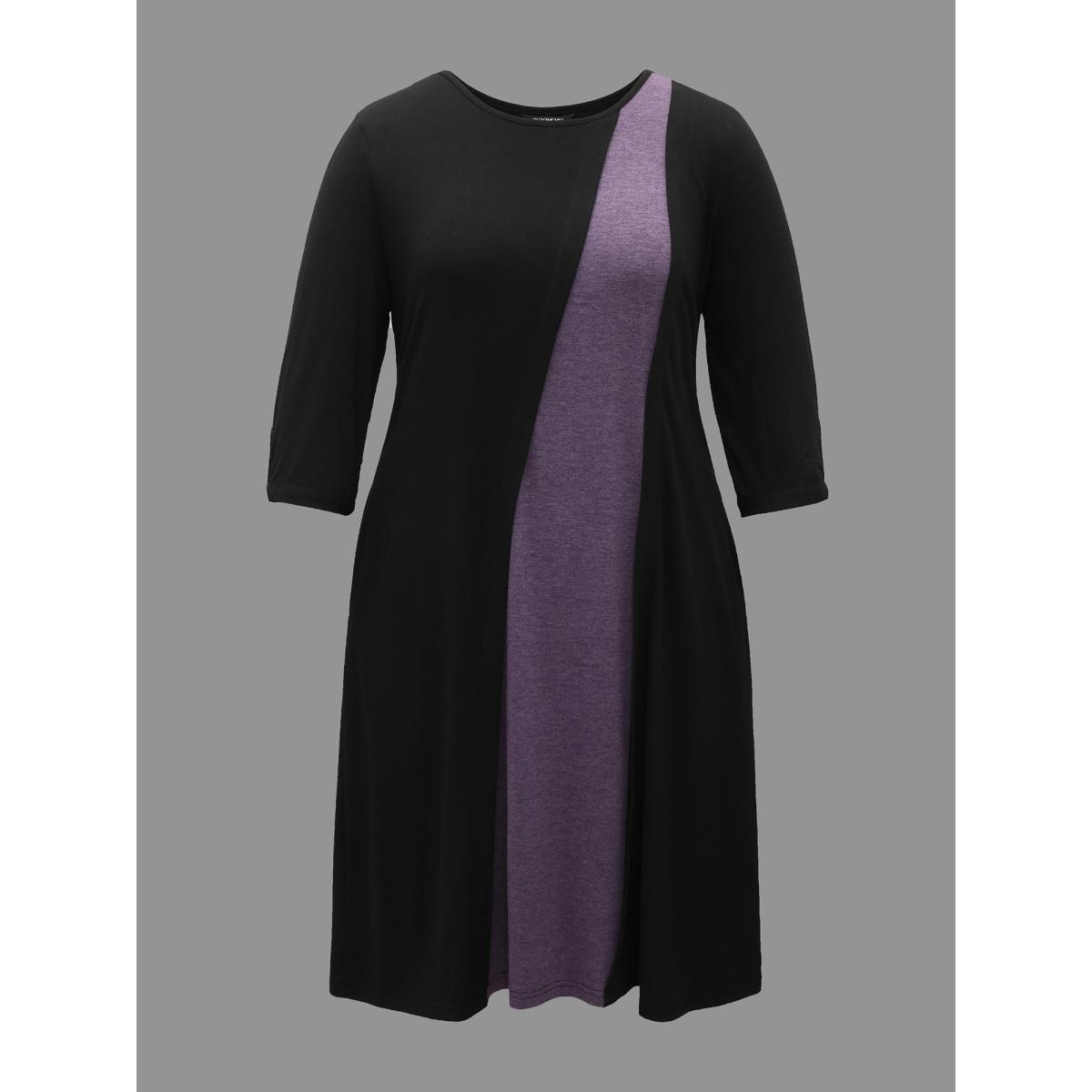 Plus Size Color Block Tie-Knot Fitted Midi Dress Black Women Casual Tie knot Knit Dresses Bloomchic 14-16/1X Product Image