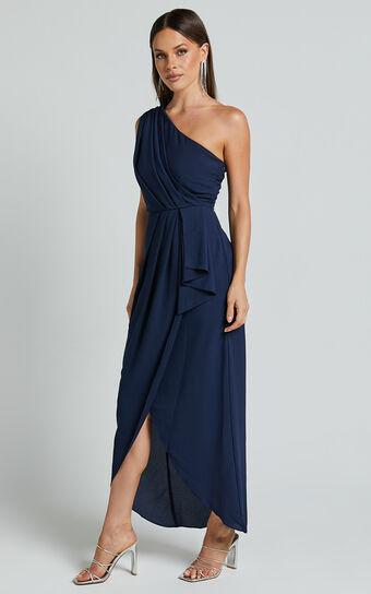 Namaari Midi Dress - Faux Wrap One Shoulder Dress in Navy Product Image