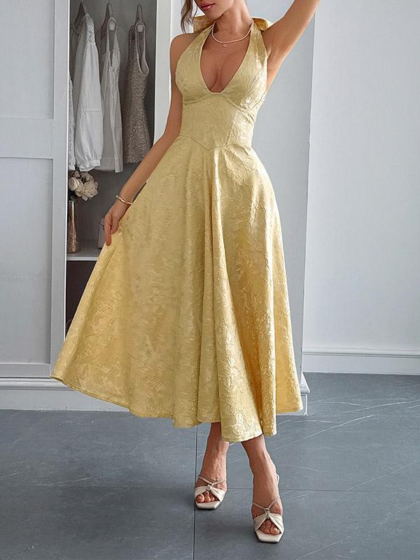 A-Line High Waisted Backless Drawstring Jacquard Pleated Solid Color Tied Deep V-Neck Midi Dresses Product Image