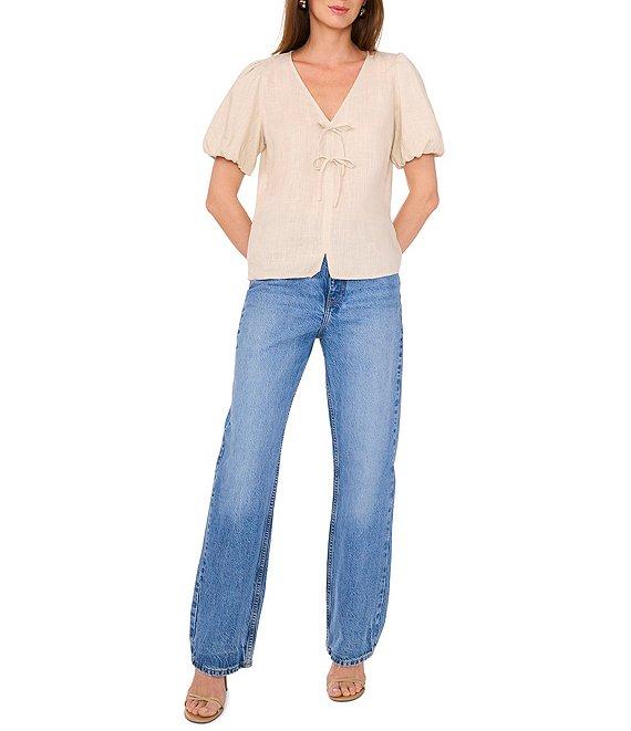 Vince Camuto Linen Blend V-Neck Short Puff Sleeve Tie Front Blouse Product Image